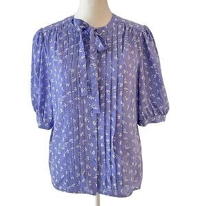 Rebecca Taylor Silk Floral Bow Blouse Periwinkle Blue Pleated Puff Sleeve Top 2